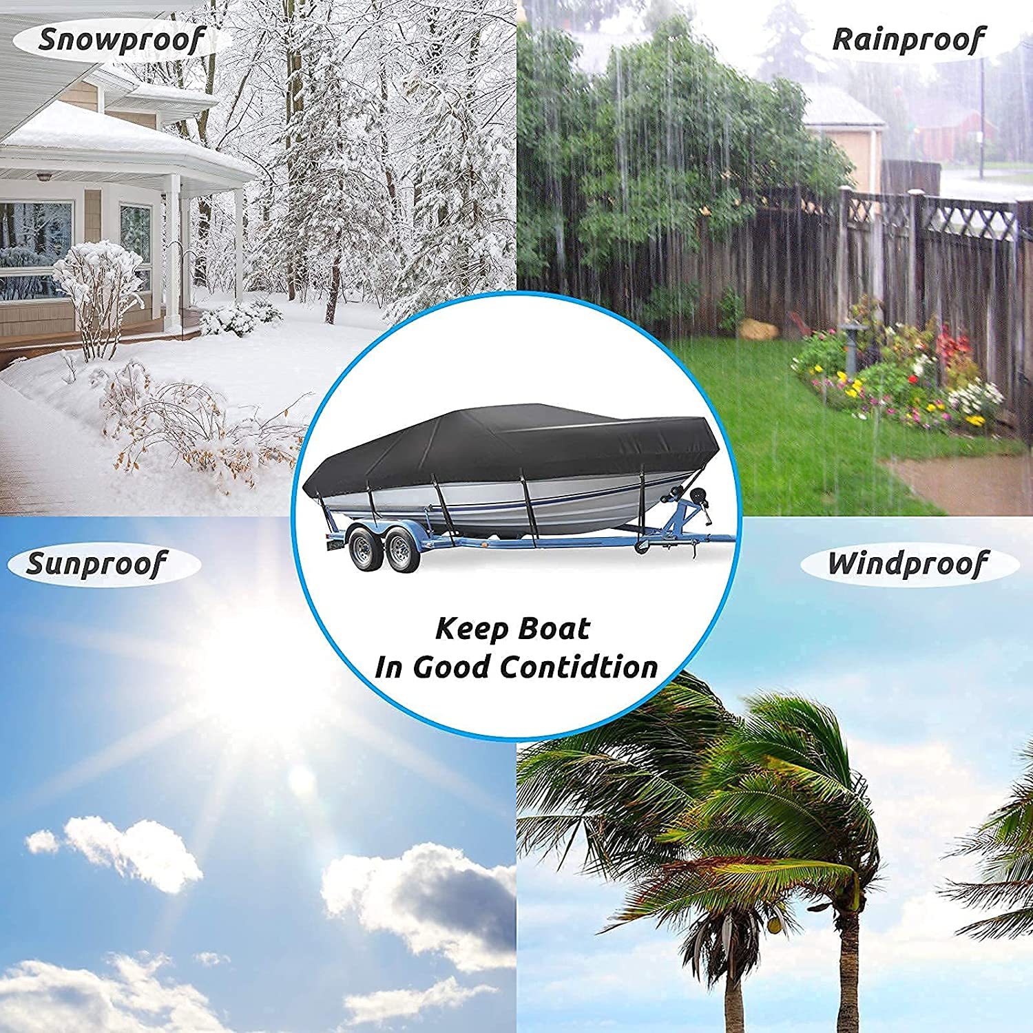 Boat Cover, Heavy Duty Waterproof Trailerable Boat Cover, UV Resistant Marine Grade Outboard Cover Compatible for Bass Boat, Fits Bayliner Tri-Hull V-Hull Fishing Runabout Boat, Black