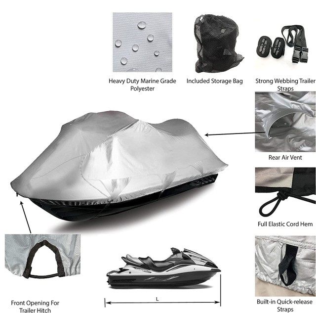 Jet Ski Cover, Waterproof Marine Grade 600D Heavy Duty Polyester PWC Cover Six Sizes Silver Color