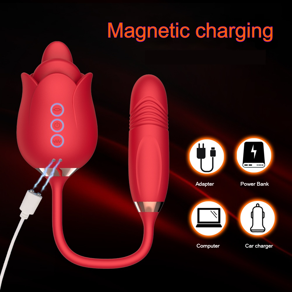 6-in-1 Rose Pleasure Toy – Clitoral Suction, Thrusting & Vibrating Dual Head Stimulator