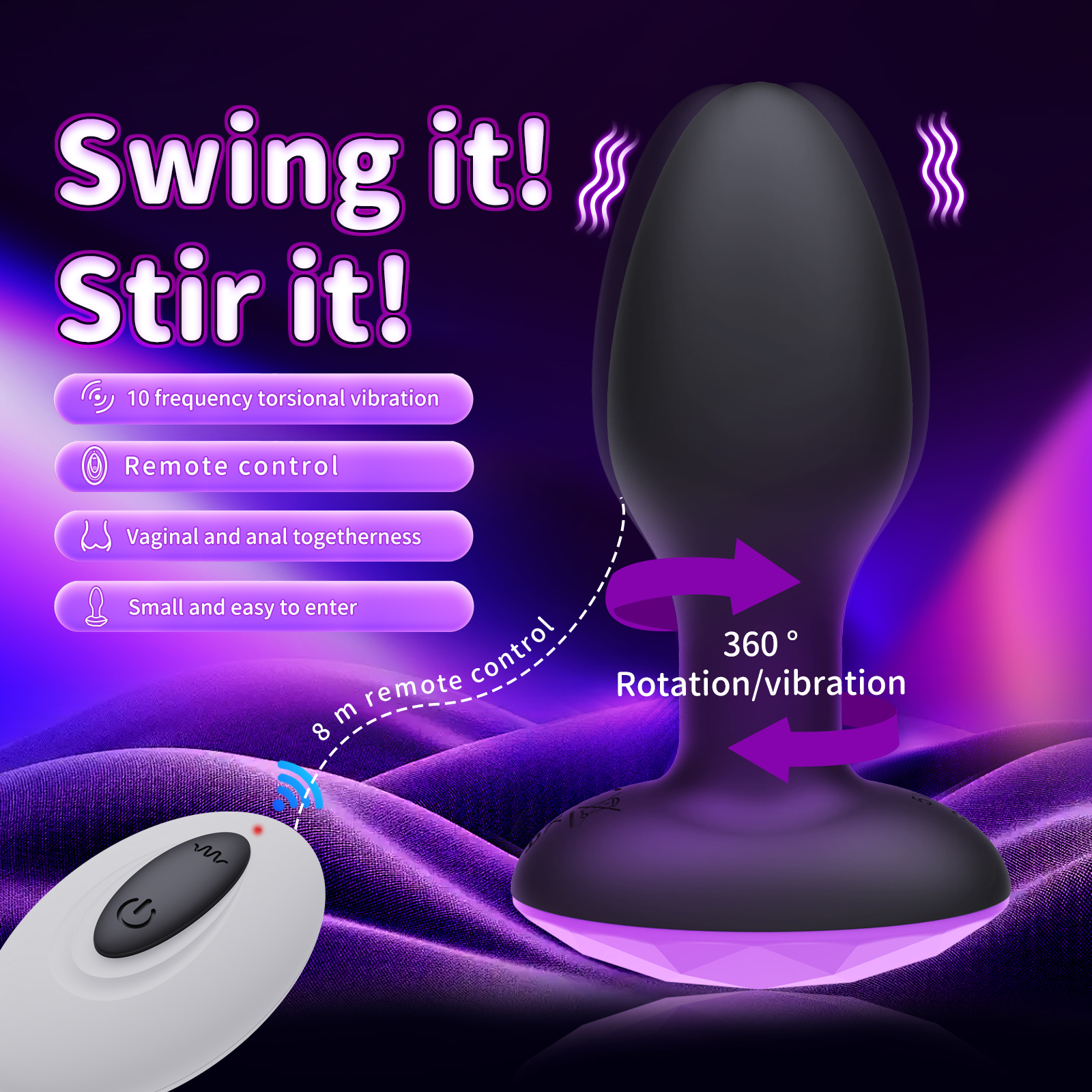 Rechargeable Remote Control Vibrating Butt Plug 4.1" – 10 Modes, 360° Rotation, Waterproof Silicone Anal Massager for Men & Women