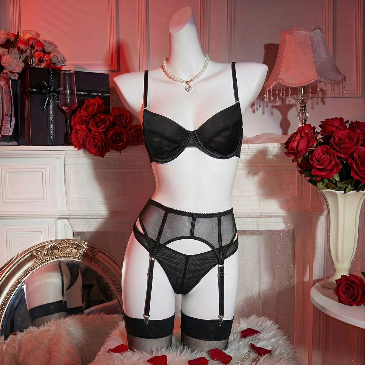 Black Sexy Lingerie Set for Women – Erotic Lace Outfit Queen Party Costume, Curve Enhancing Nightwear