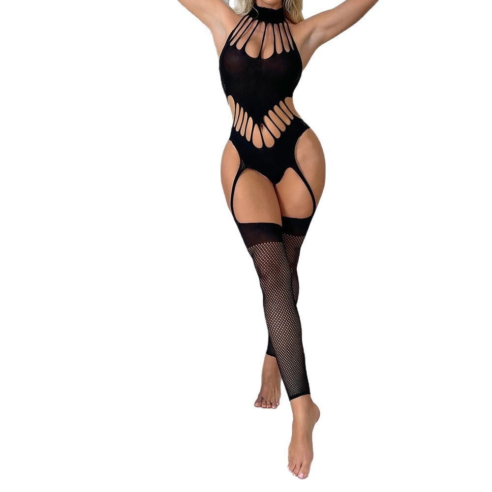 Black Hollow Out Fishnet Bodysuit Lingerie Set – Sexy Sheer Body Stocking for Women