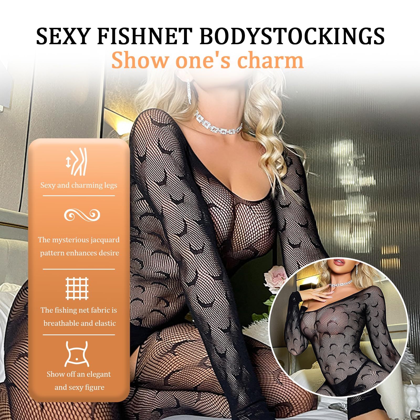 AcdToys Black Fishnet Bodysuit Lingerie for Women – Crotchless Mesh Bodystocking One Piece Stretchy Sexy Sleepwear Babydoll