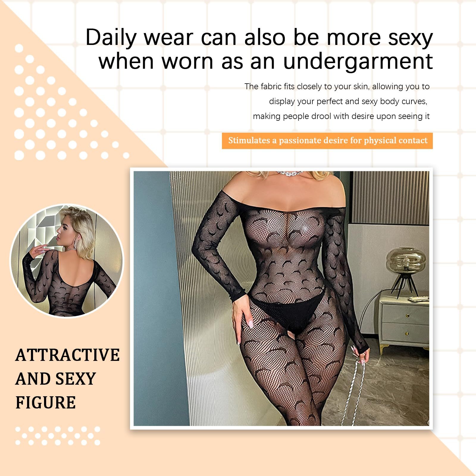 AcdToys Black Fishnet Bodysuit Lingerie for Women – Crotchless Mesh Bodystocking One Piece Stretchy Sexy Sleepwear Babydoll