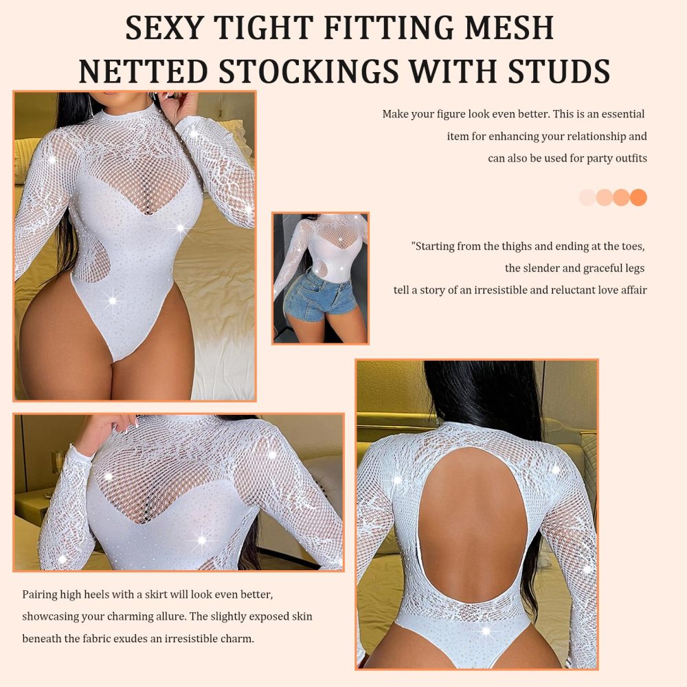 AcdToys White Fishnet Rhinestone Bodysuit for Women – Long Sleeve See Through Sexy Lingerie One Size Stretch Fit Elegant Body Stocking
