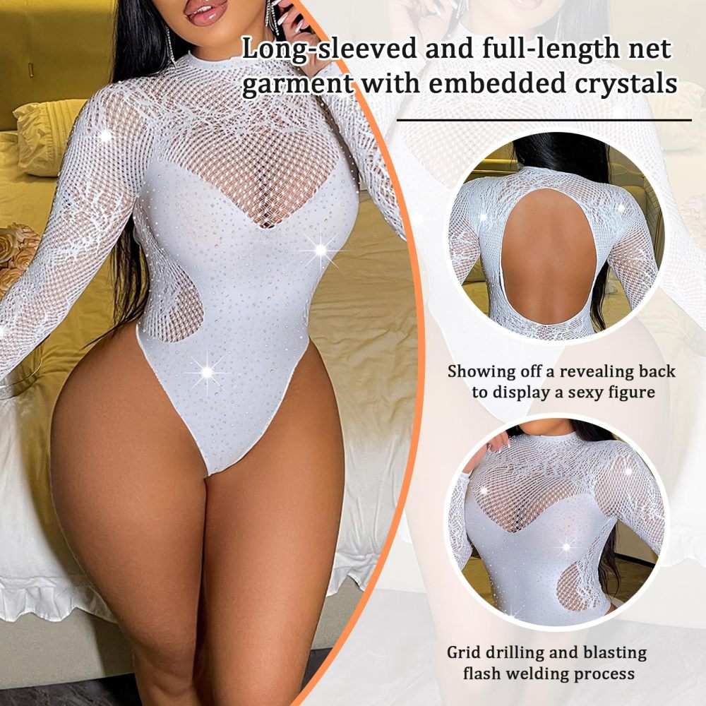 AcdToys White Fishnet Rhinestone Bodysuit for Women – Long Sleeve See Through Sexy Lingerie One Size Stretch Fit Elegant Body Stocking
