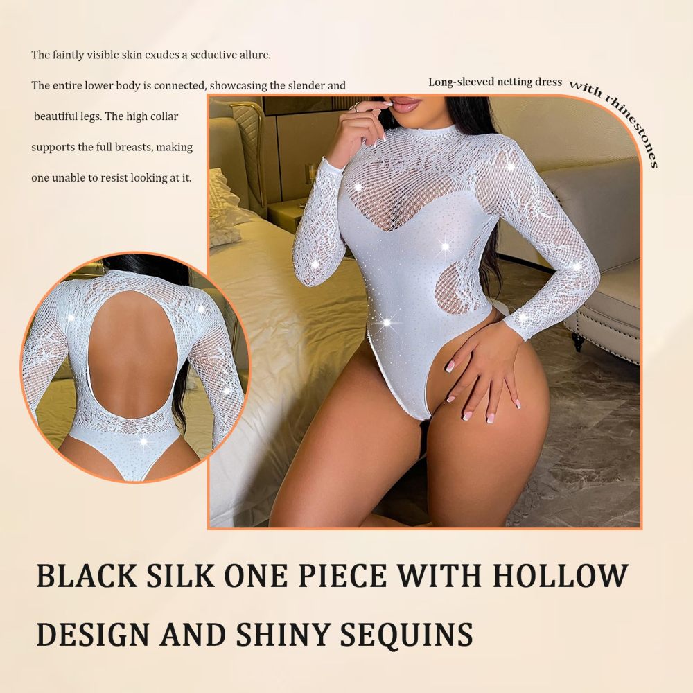 AcdToys White Fishnet Rhinestone Bodysuit for Women – Long Sleeve See Through Sexy Lingerie One Size Stretch Fit Elegant Body Stocking