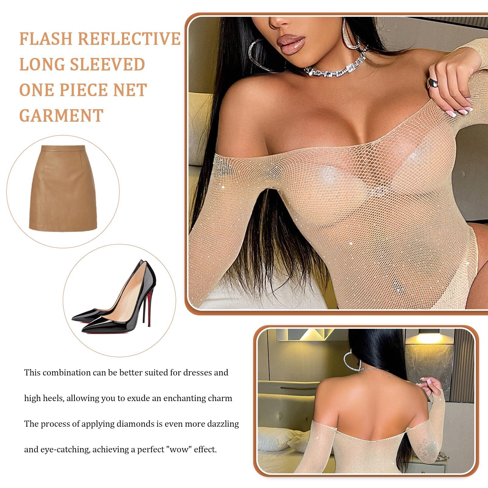 AcdToys Rhinestone Nude Fishnet Bodysuit Women Sexy Long Sleeve See Through Lingerie Sparkly Mesh Body Stocking