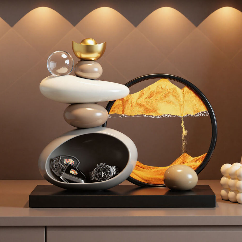 Stacked Stone Figurine With Moving Sand Art Yin Yang Style Home Office Living Room Feng Shui Decorative Storage Ornament