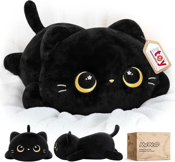 Mewaii Cute Black Cat Plush Pillow, Kawaii Stuffed Black Cat Plush Animal, Super Soft Plush Toy, Hugging Plush Pillow for Kids & Girls, 13 Inches