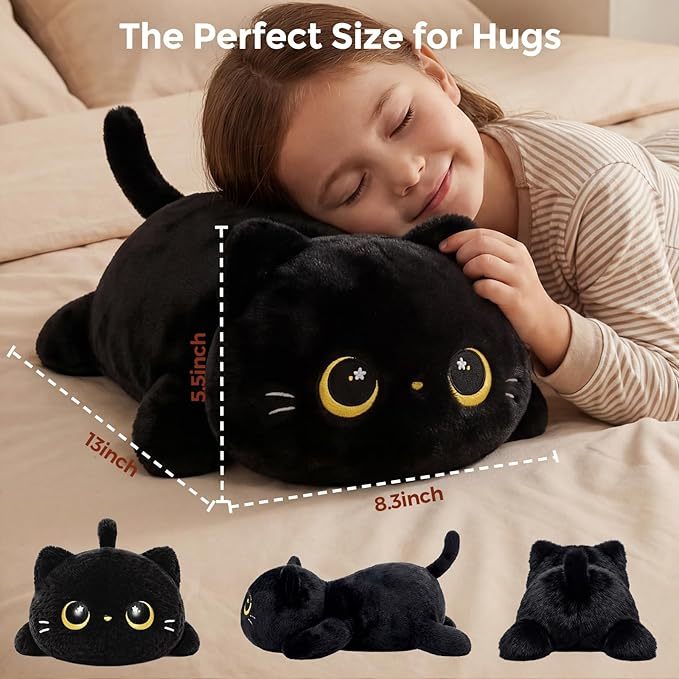 Mewaii Cute Black Cat Plush Pillow, Kawaii Stuffed Black Cat Plush Animal, Super Soft Plush Toy, Hugging Plush Pillow for Kids & Girls, 13 Inches