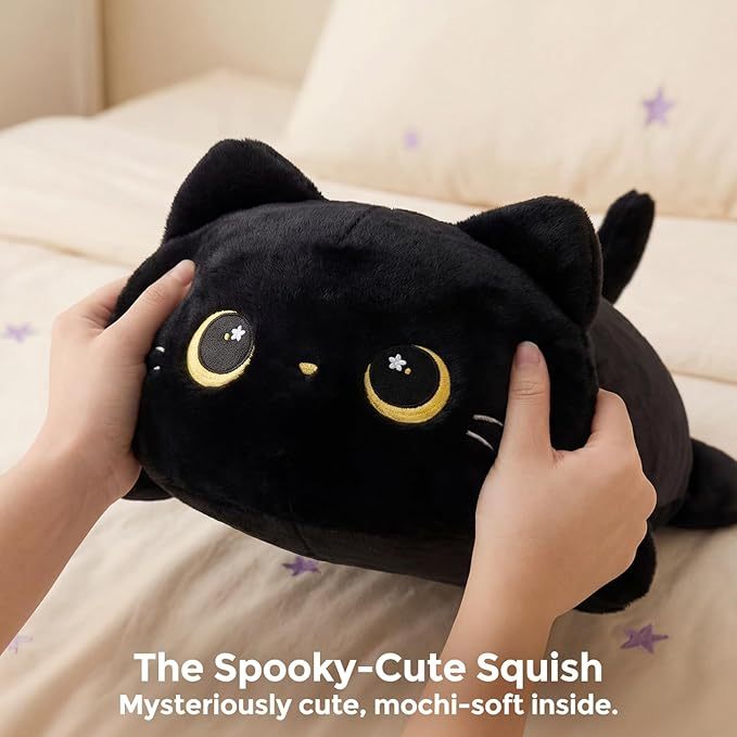 Mewaii Cute Black Cat Plush Pillow, Kawaii Stuffed Black Cat Plush Animal, Super Soft Plush Toy, Hugging Plush Pillow for Kids & Girls, 13 Inches