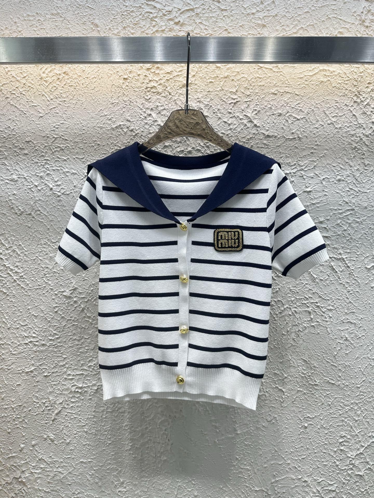 Miumiu 25 New Summer Navy Style Age-reducing Knitted Short Sleeves
