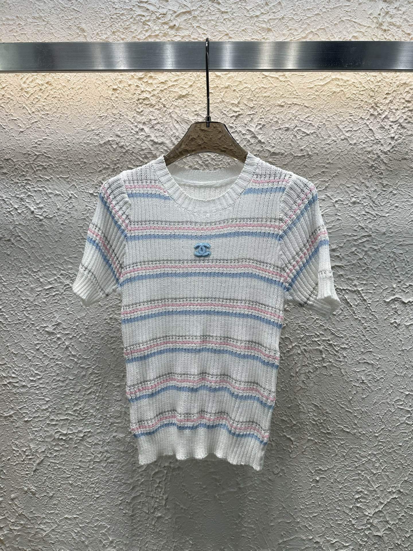Chanel 25 Summer New Striped Cool Yarn Knitted Short Sleeves