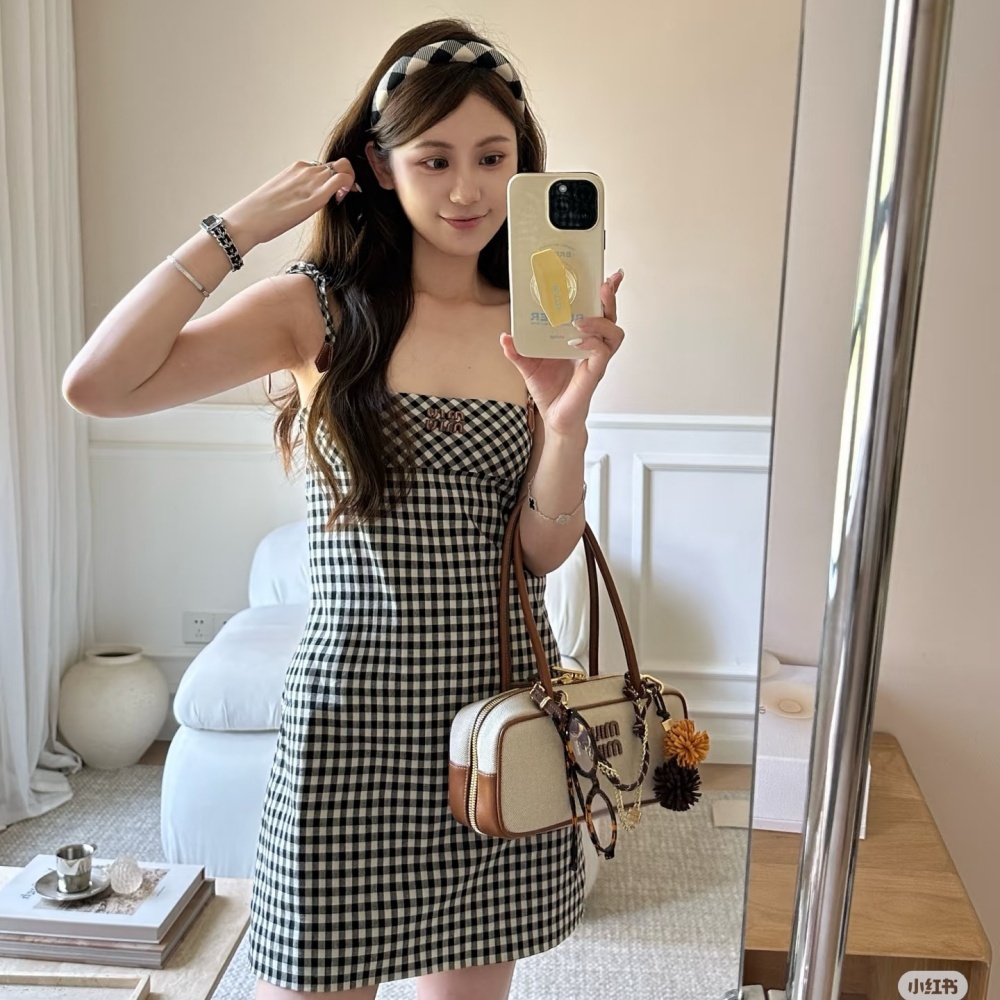 MiuMiu Lace-up Plaid Suspender Dress SML
