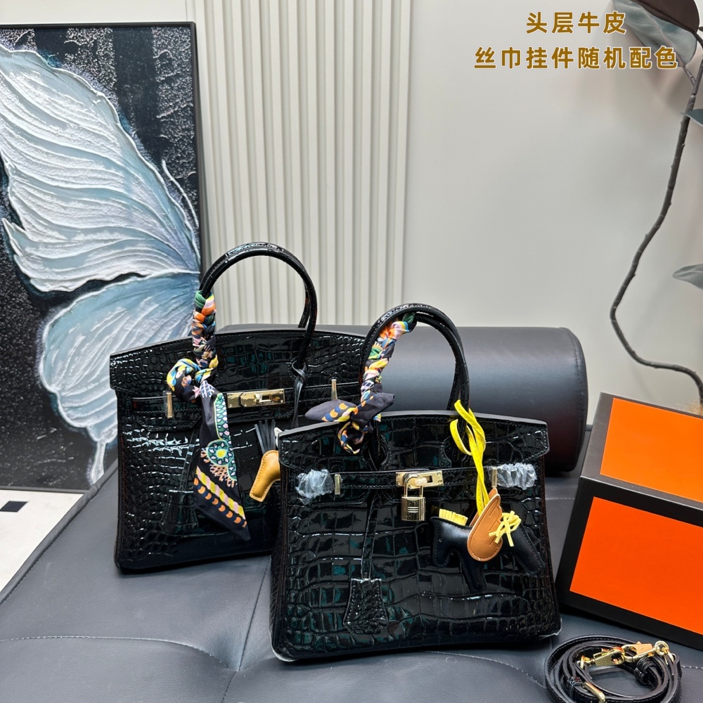 Replica Hermès Brikin Patent Leather Platinum Crocodile Pattern First Layer Cowhide Gold Buckle Bag 25*21/30*25CM