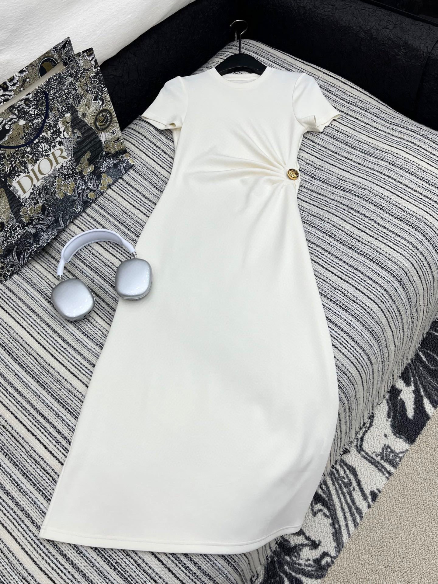 Loewe Custom-made Detachable Gold Button Hepburn Style Pleated Dress SML
