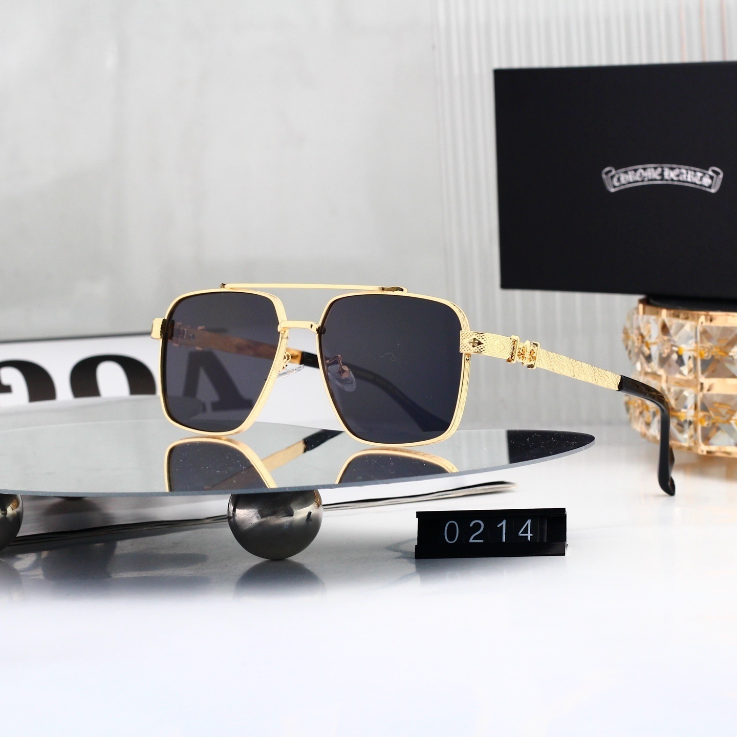 Chrome Hearts Retro Pilot Square Sunglasses with Engraved Temple 0214