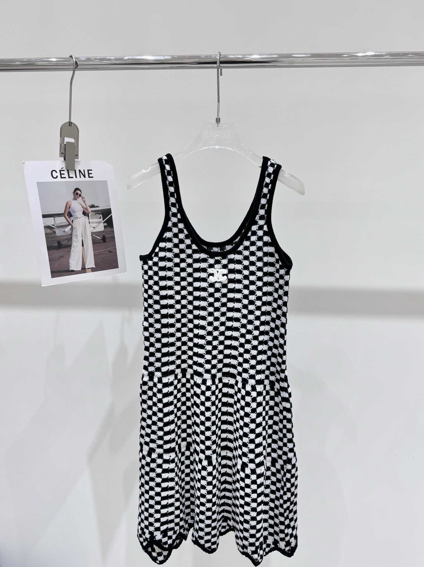 Celine New Embroidered Black And White Checkered Knitted Vest Dress