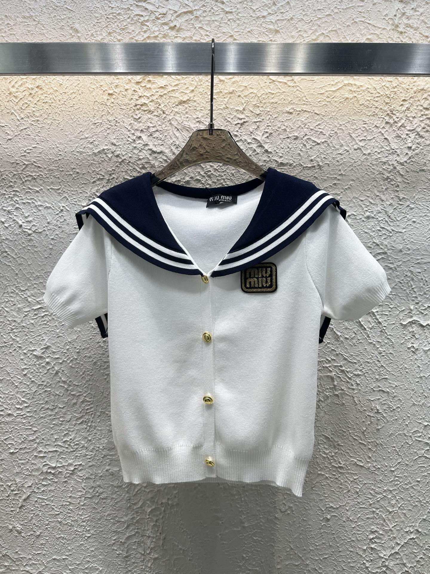 Miumiu 25 New Summer Navy Style Age-reducing Knitted Short Sleeves