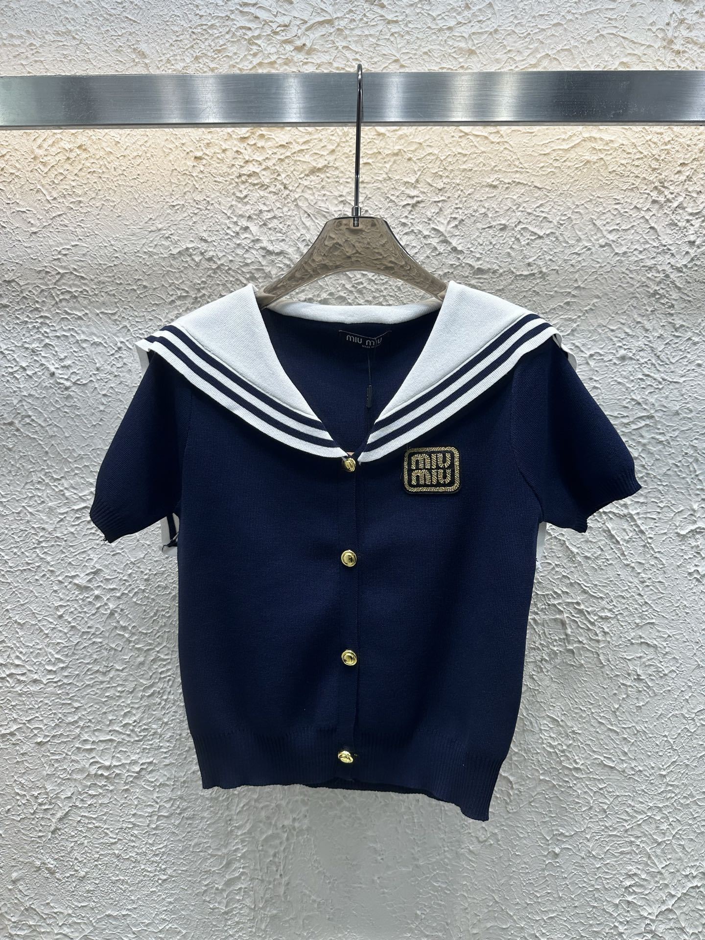 Miumiu 25 New Summer Navy Style Age-reducing Knitted Short Sleeves