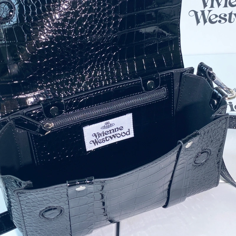 New black crocodile pattern double ring crossbody bag-box