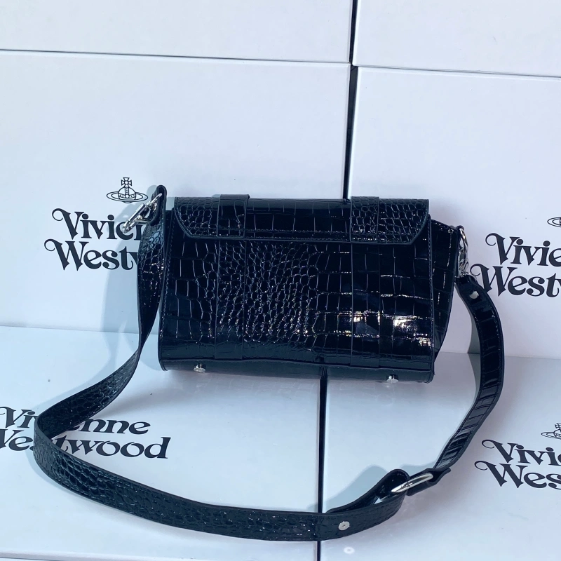 New black crocodile pattern double ring crossbody bag-box
