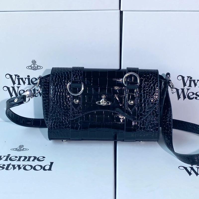 New black crocodile pattern double ring crossbody bag-box