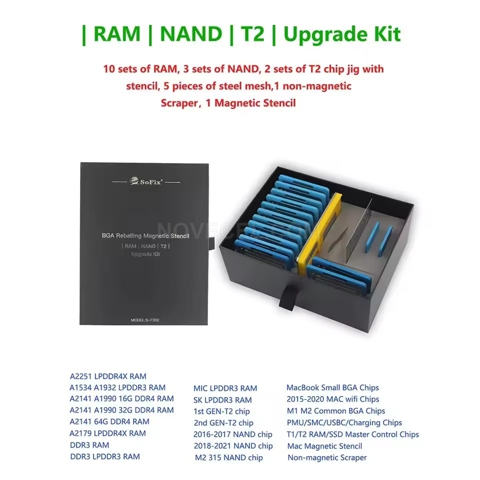 Sofix S-F302 BGA Resoldering Reballing Jig with Complete Stencils for Macbook RAM NAND GPU PCH PMU SMC T1 T2 Tin Planting Tool