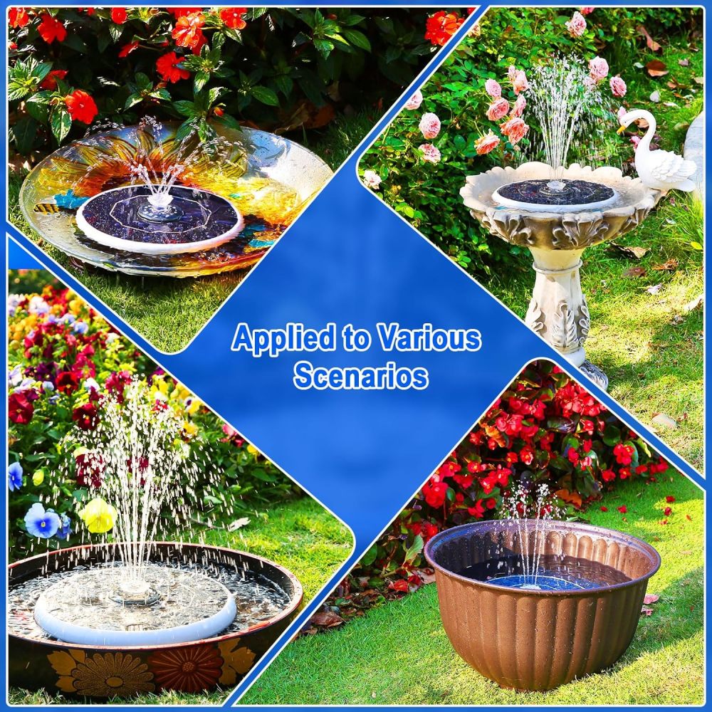 AISITIN 6.5W Solar Bird Bath Fountain with 3000mAh Battery & Color Changing LED Lights & 4 Anti-Drift Fixing Rod & 8 Nozzles, Upgraded Solar Fountain for Bird Bath, Garden, Backyard, Pond, Fish Pond
