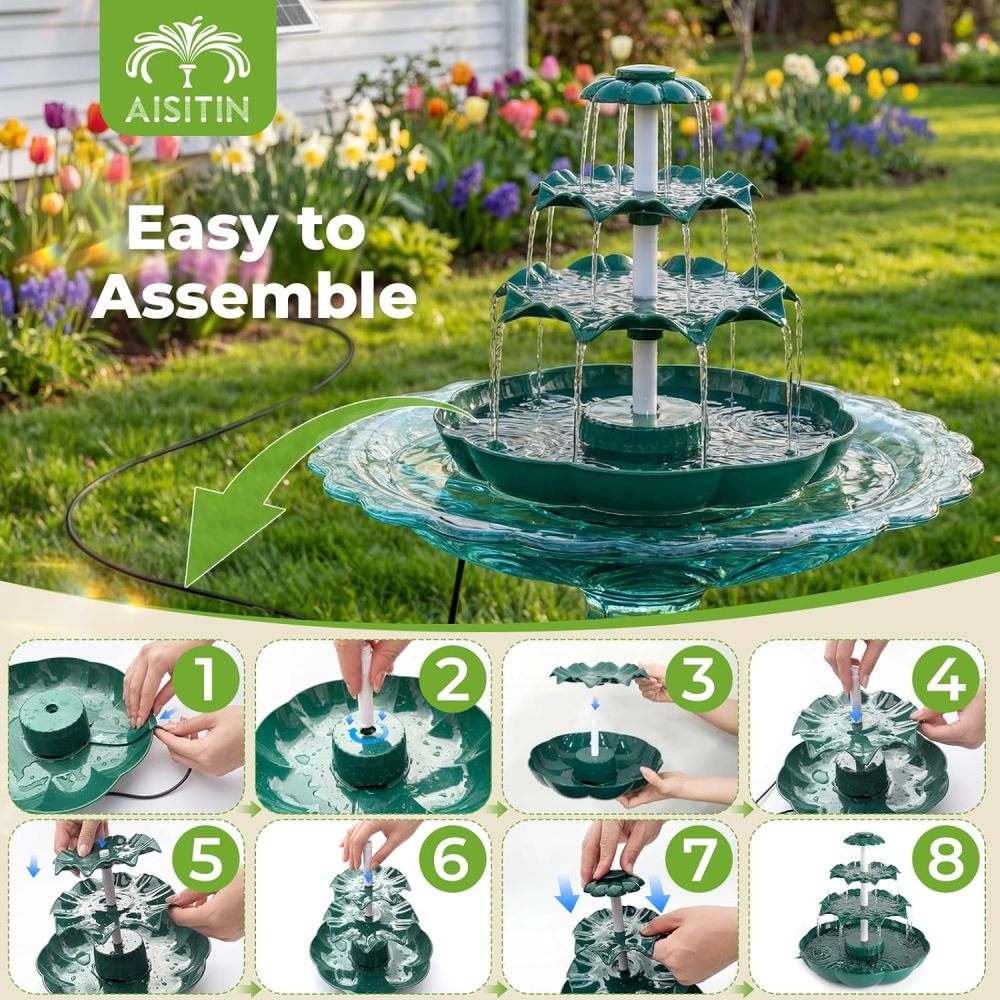 AISITIN 6.5W Solar Bird Bath Fountain, 3-Tiered Waterfall with 9 Water Streams, DIY Detachable Solar Pump Lightweight Resin Plastic for Garden Outdoor Bird Feeder Decor