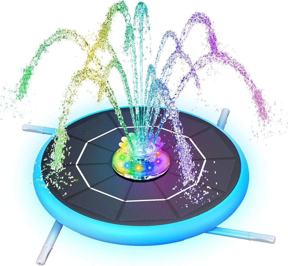 AISITIN 6.5W Solar Bird Bath Fountain with 3000mAh Battery & Color Changing LED Lights & 4 Anti-Drift Fixing Rod & 8 Nozzles, Upgraded Solar Fountain for Bird Bath, Garden, Backyard, Pond, Fish Pond