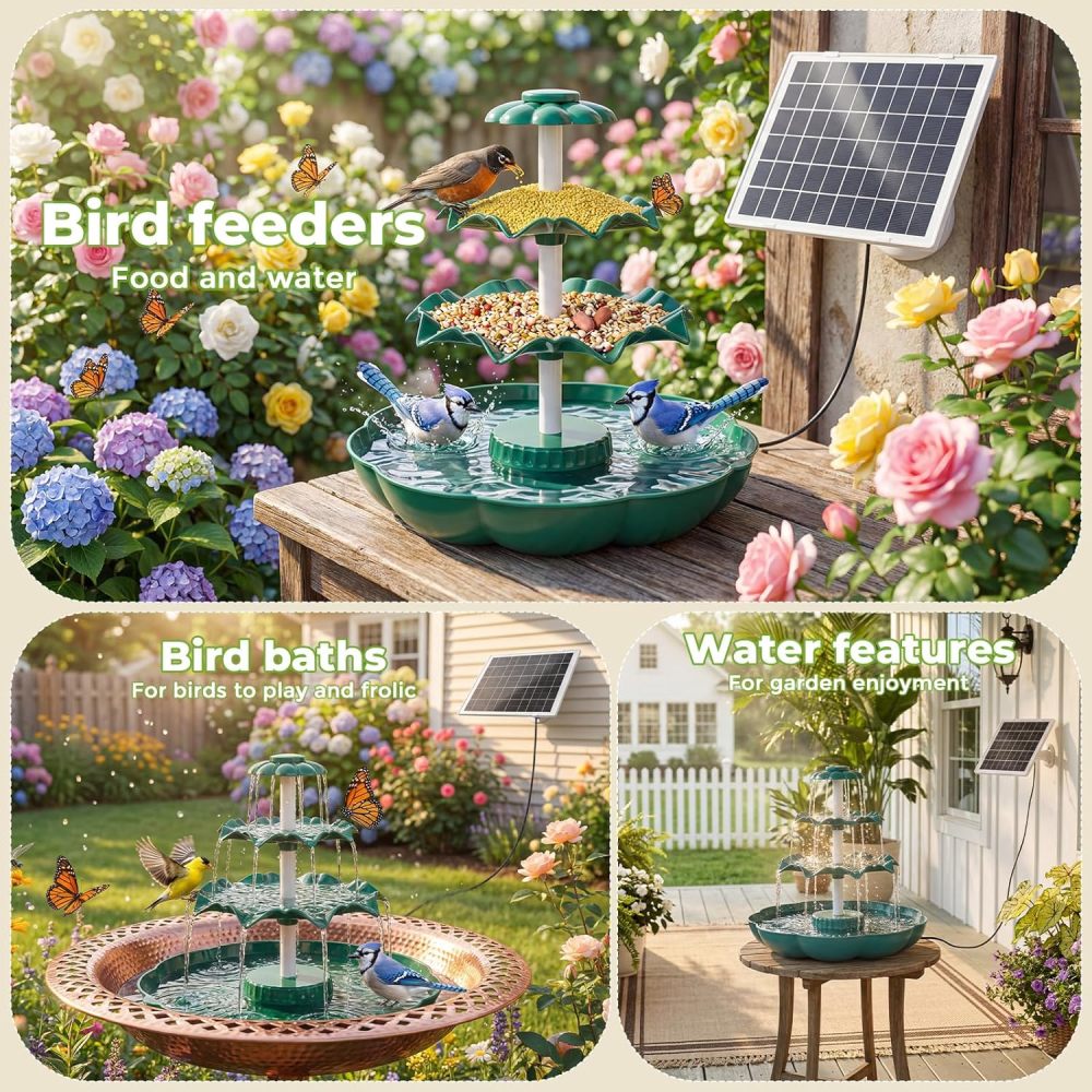 AISITIN 6.5W Solar Bird Bath Fountain, 3-Tiered Waterfall with 9 Water Streams, DIY Detachable Solar Pump Lightweight Resin Plastic for Garden Outdoor Bird Feeder Decor