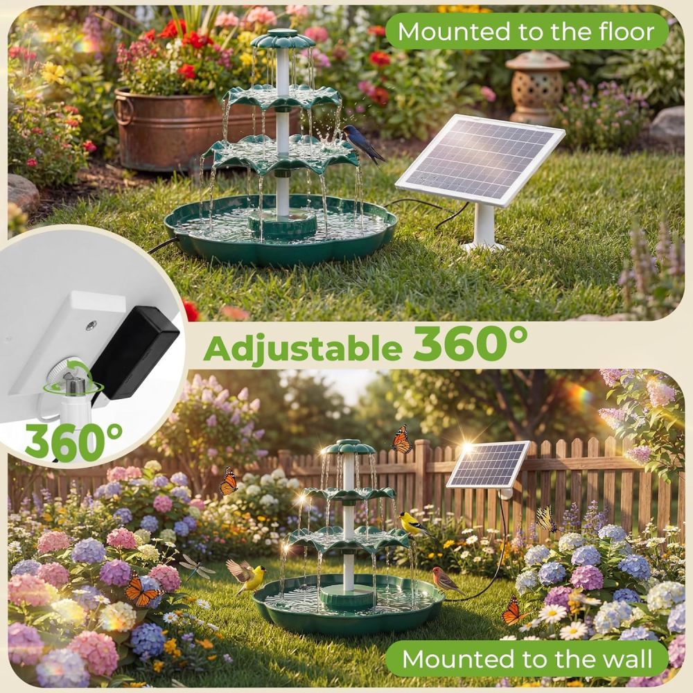 AISITIN 6.5W Solar Bird Bath Fountain, 3-Tiered Waterfall with 9 Water Streams, DIY Detachable Solar Pump Lightweight Resin Plastic for Garden Outdoor Bird Feeder Decor