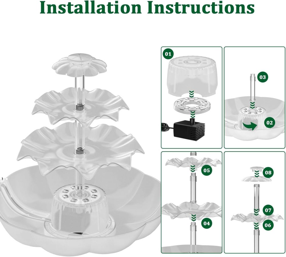 AISITIN 6.5W Solar Bird Bath Fountains with Lights, 3 Tiered Bird Bath with Solar Water Pump, Upgraded Detachable DIY Solar Powered Fountain for Garden, Patio, Yard and Pond