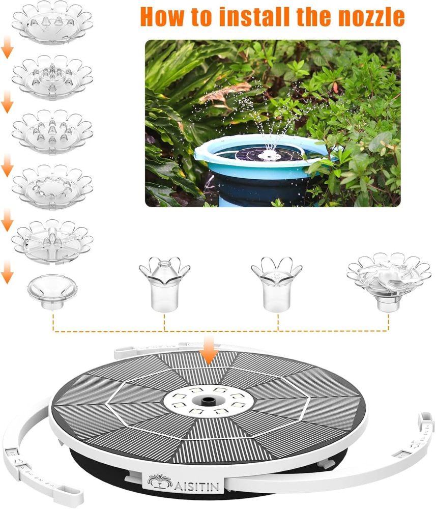 AISITIN 3.5W Solar Fountain Pump, LED Lighting Solar Water Pump Floating Fountain with 6 Nozzles, 1500mAh Battery Backup for Bird Bath, Fish Tank, Pond or Garden Decoration Solar Aerator Pump