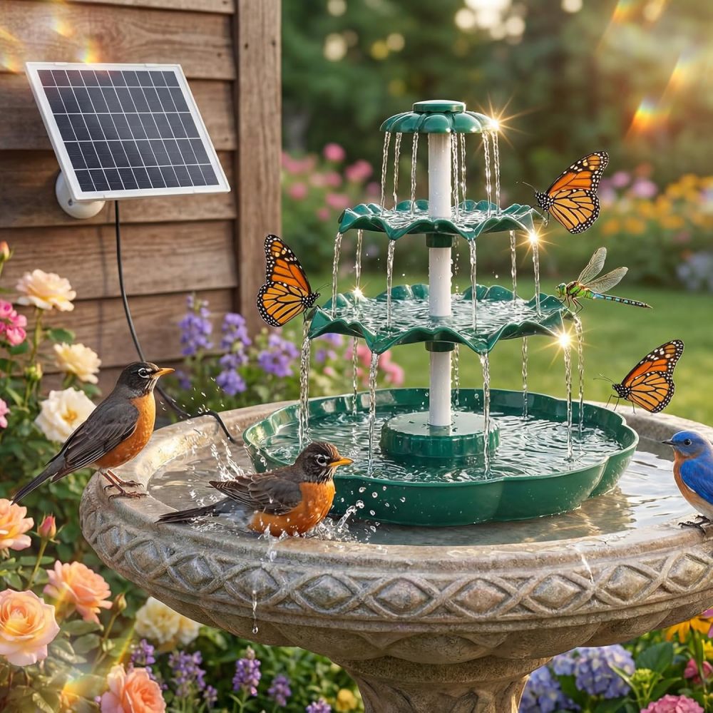 AISITIN 6.5W Solar Bird Bath Fountain, 3-Tiered Waterfall with 9 Water Streams, DIY Detachable Solar Pump Lightweight Resin Plastic for Garden Outdoor Bird Feeder Decor