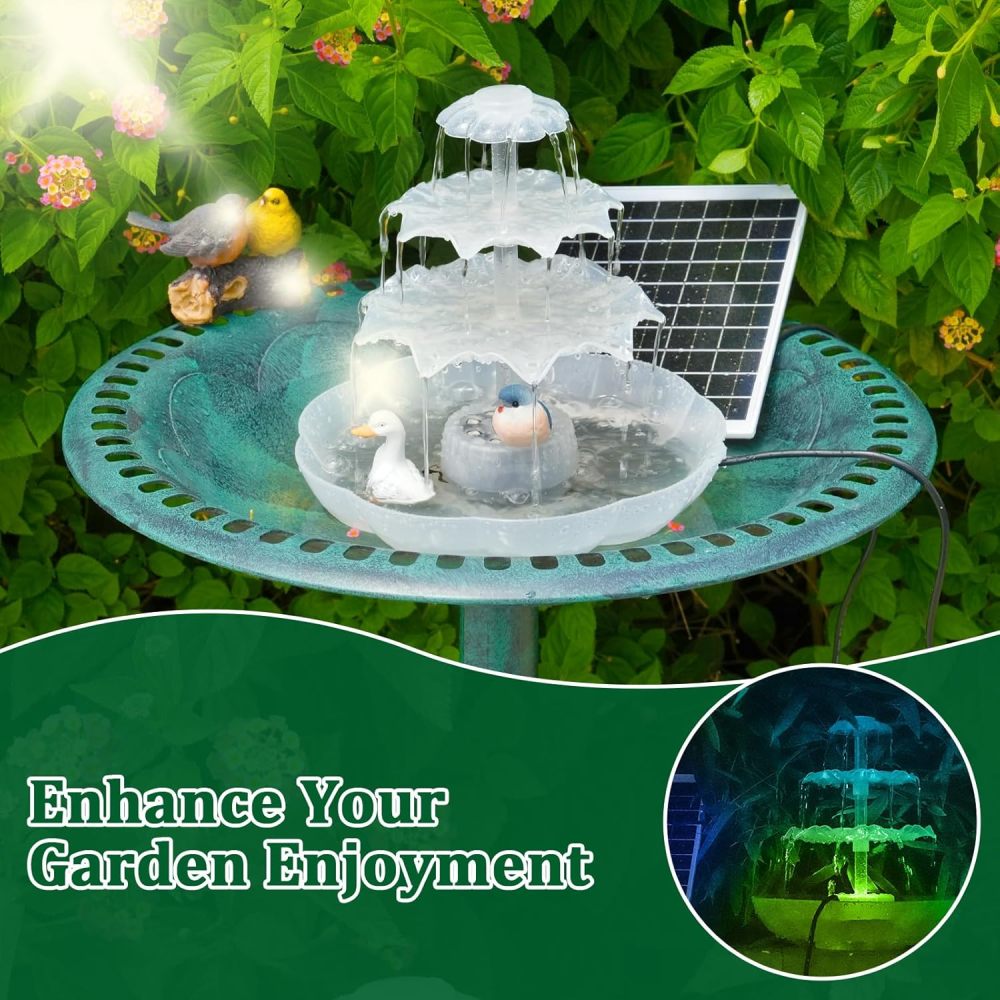 AISITIN 6.5W Solar Bird Bath Fountains with Lights, 3 Tiered Bird Bath with Solar Water Pump, Upgraded Detachable DIY Solar Powered Fountain for Garden, Patio, Yard and Pond