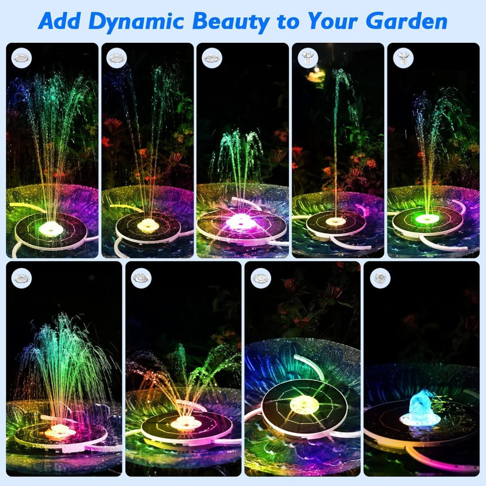 AISITIN 3.5W Solar Fountain with Lights, Built-in 3000mAh Battery & 3 Fixed Brackets & Crystal Ball & 8 Nozzles, Solar Water Fountain for Bird Bath, Backyard, Garden, Fish Pond, Only Work at Night!