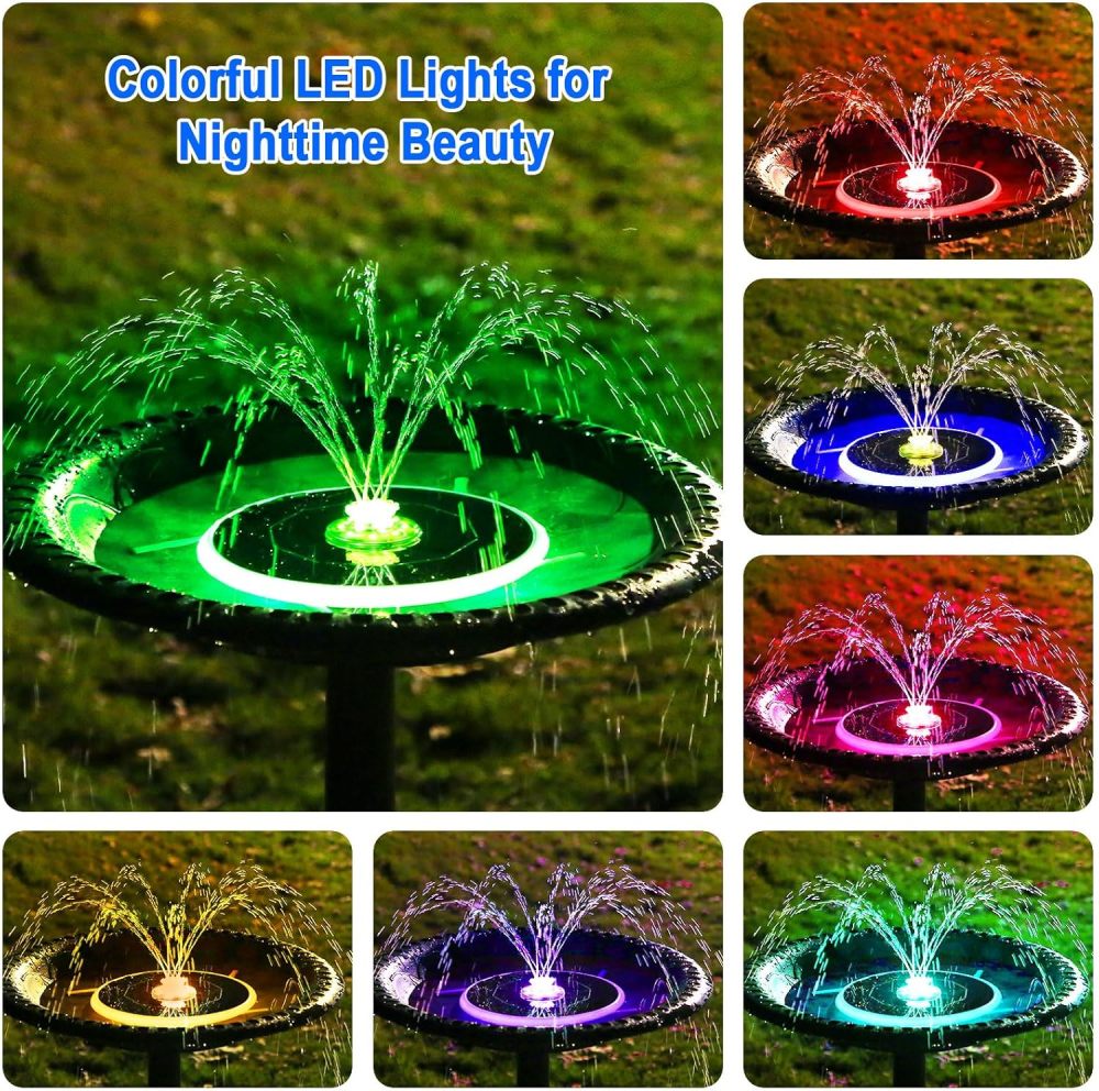 AISITIN 6.5W Solar Bird Bath Fountain with 3000mAh Battery & Color Changing LED Lights & 4 Anti-Drift Fixing Rod & 8 Nozzles, Upgraded Solar Fountain for Bird Bath, Garden, Backyard, Pond, Fish Pond