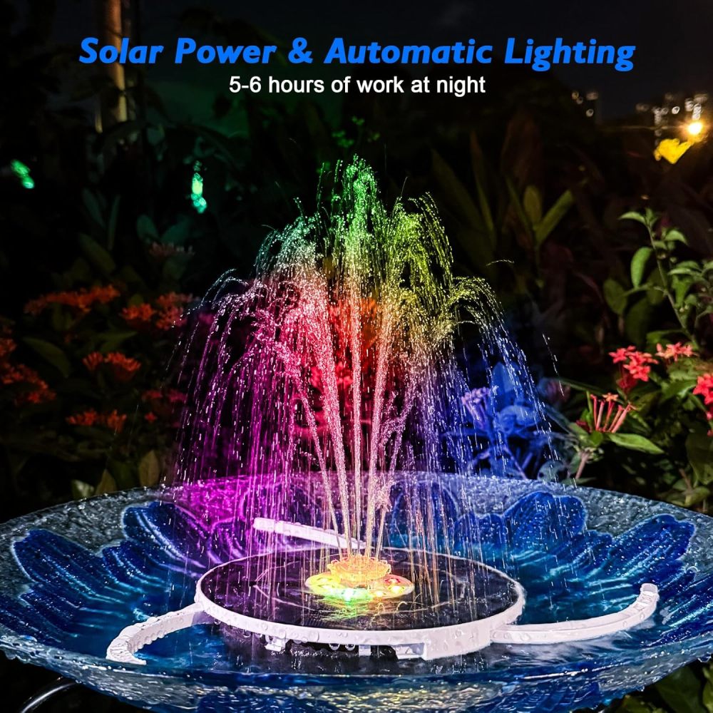 AISITIN 3.5W Solar Fountain with Lights, Built-in 3000mAh Battery & 3 Fixed Brackets & Crystal Ball & 8 Nozzles, Solar Water Fountain for Bird Bath, Backyard, Garden, Fish Pond, Only Work at Night!