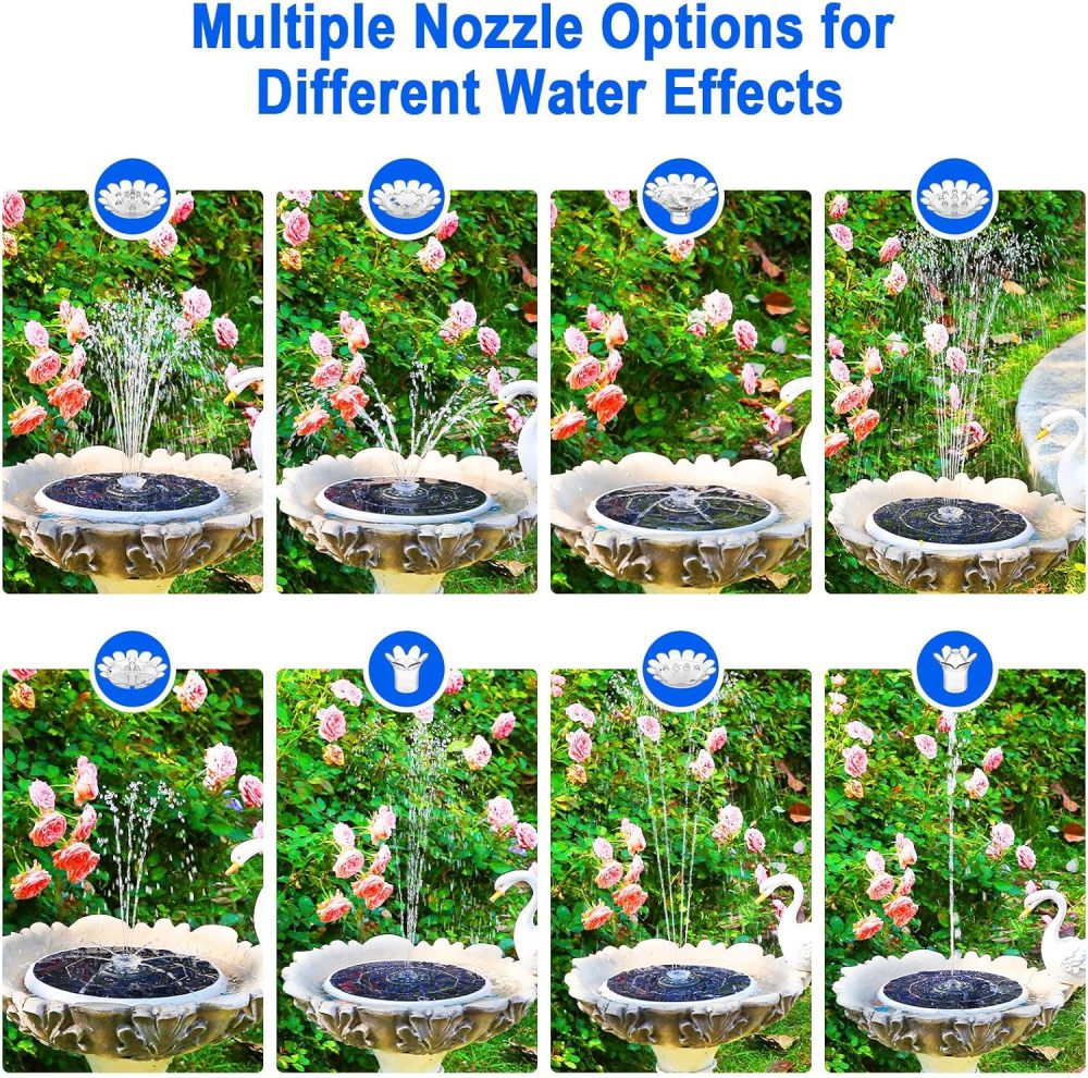 AISITIN 6.5W Solar Bird Bath Fountain with 3000mAh Battery & Color Changing LED Lights & 4 Anti-Drift Fixing Rod & 8 Nozzles, Upgraded Solar Fountain for Bird Bath, Garden, Backyard, Pond, Fish Pond