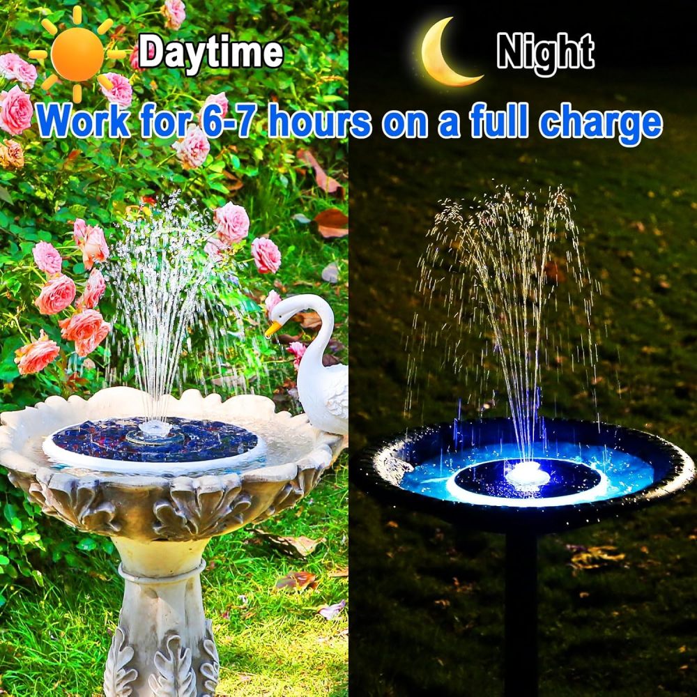 AISITIN 6.5W Solar Bird Bath Fountain with 3000mAh Battery & Color Changing LED Lights & 4 Anti-Drift Fixing Rod & 8 Nozzles, Upgraded Solar Fountain for Bird Bath, Garden, Backyard, Pond, Fish Pond