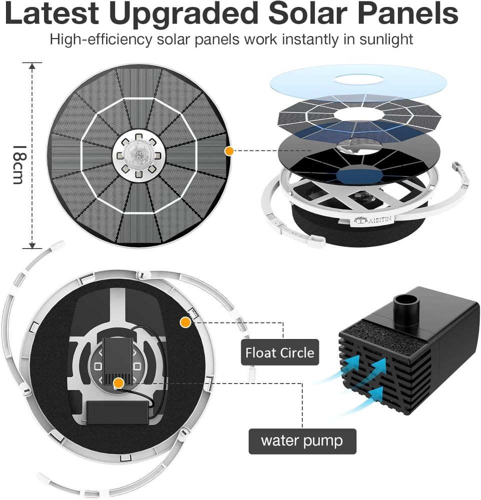 AISITIN 3.5W Solar Fountain Pump, LED Lighting Solar Water Pump Floating Fountain with 6 Nozzles, 1500mAh Battery Backup for Bird Bath, Fish Tank, Pond or Garden Decoration Solar Aerator Pump