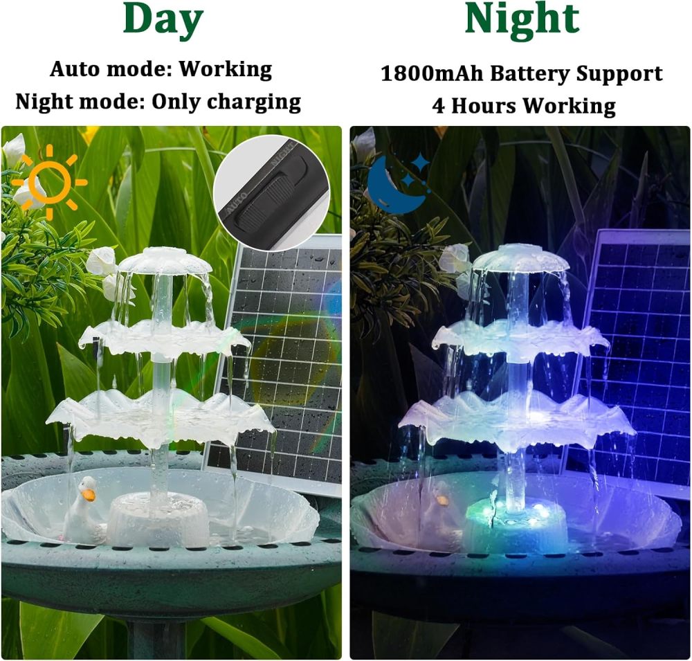 AISITIN 6.5W Solar Bird Bath Fountains with Lights, 3 Tiered Bird Bath with Solar Water Pump, Upgraded Detachable DIY Solar Powered Fountain for Garden, Patio, Yard and Pond