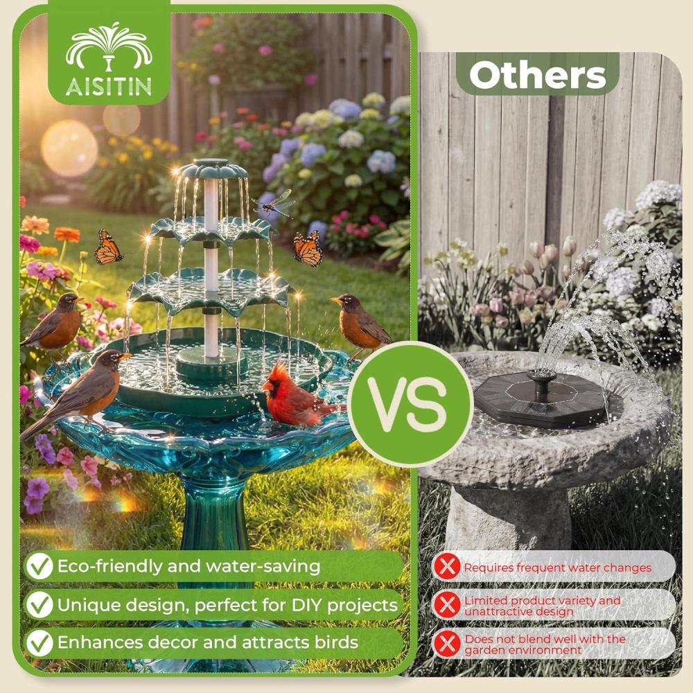 AISITIN 6.5W Solar Bird Bath Fountain, 3-Tiered Waterfall with 9 Water Streams, DIY Detachable Solar Pump Lightweight Resin Plastic for Garden Outdoor Bird Feeder Decor