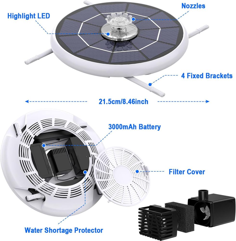 AISITIN 6.5W Solar Bird Bath Fountain with 3000mAh Battery & Color Changing LED Lights & 4 Anti-Drift Fixing Rod & 8 Nozzles, Upgraded Solar Fountain for Bird Bath, Garden, Backyard, Pond, Fish Pond