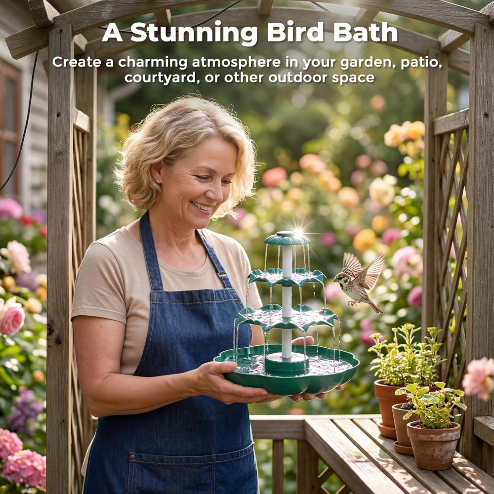 AISITIN 6.5W Solar Bird Bath Fountain, 3-Tiered Waterfall with 9 Water Streams, DIY Detachable Solar Pump Lightweight Resin Plastic for Garden Outdoor Bird Feeder Decor