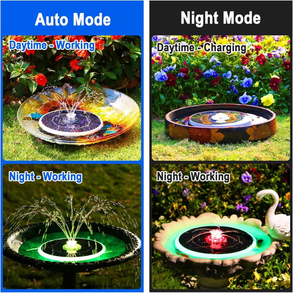 AISITIN 6.5W Solar Bird Bath Fountain with 3000mAh Battery & Color Changing LED Lights & 4 Anti-Drift Fixing Rod & 8 Nozzles, Upgraded Solar Fountain for Bird Bath, Garden, Backyard, Pond, Fish Pond