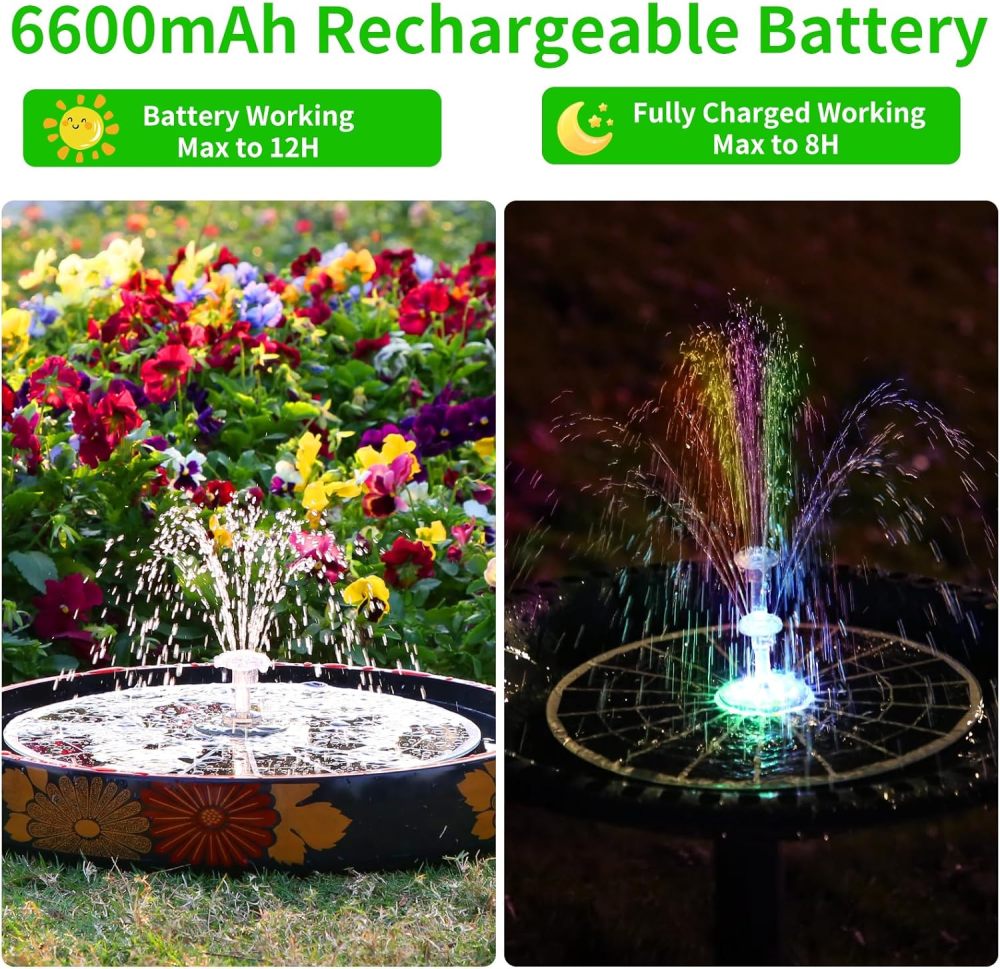 AISITIN 9W Solar Fountain Pump 2026, Solar Water Fountain Kit with 6600mAh Rechargeable Battery & 14 Nozzles & Charging Cable & Remote Control & 11 Colorful LED Lights for Garden Pond Pool Outdoor